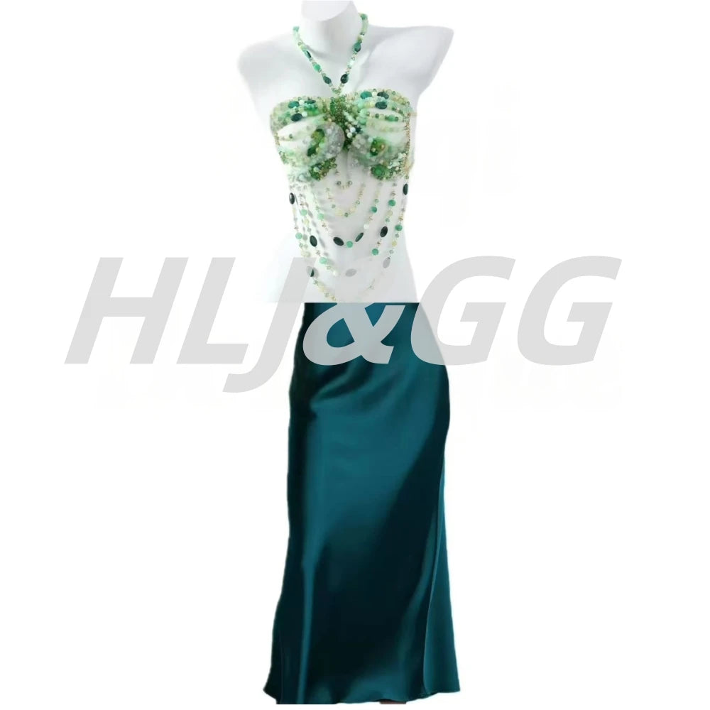 HLJ&GG Sexy Rhinestone Beads Halter Hollow Two Piece Sets Women Sleeveless Backless Top + Satin Skinny Skirts Outfits Streetwear