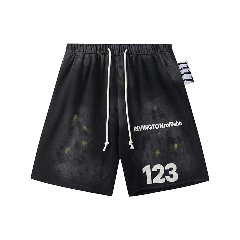 RRR123 2024 New Sports Shorts Heavyweight Washed Graffiti Print Vintage Drawstring Capris Casual High Street Loose Curled Y2K