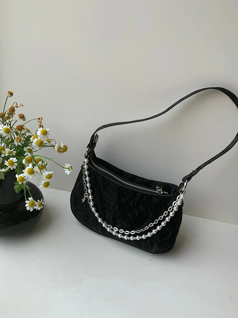Pink Shoulder Bag Elegant Cute Bow Pearl Chains Bow Embroidery Handbag Casual Leather Korean Fashion Female Handbag