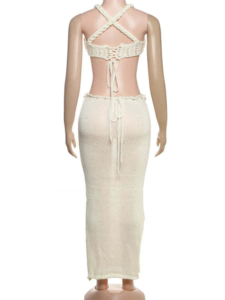 Weird Puss Crochet Shirring 2 Piece Set Women Cross Bandage Backless Irregular Tops+Solid Long Skirts Vacation Beach Style Suits