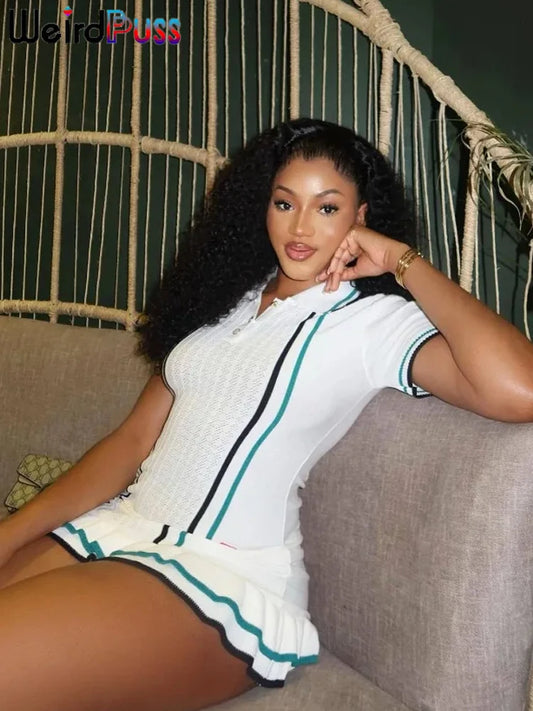 Weird Puss Contrast Stripe Dress Women Knitted Polo-Neck Short Sleeve Ruffles Stretch Hem  Casual Trend Streetwear Mini Bodycon