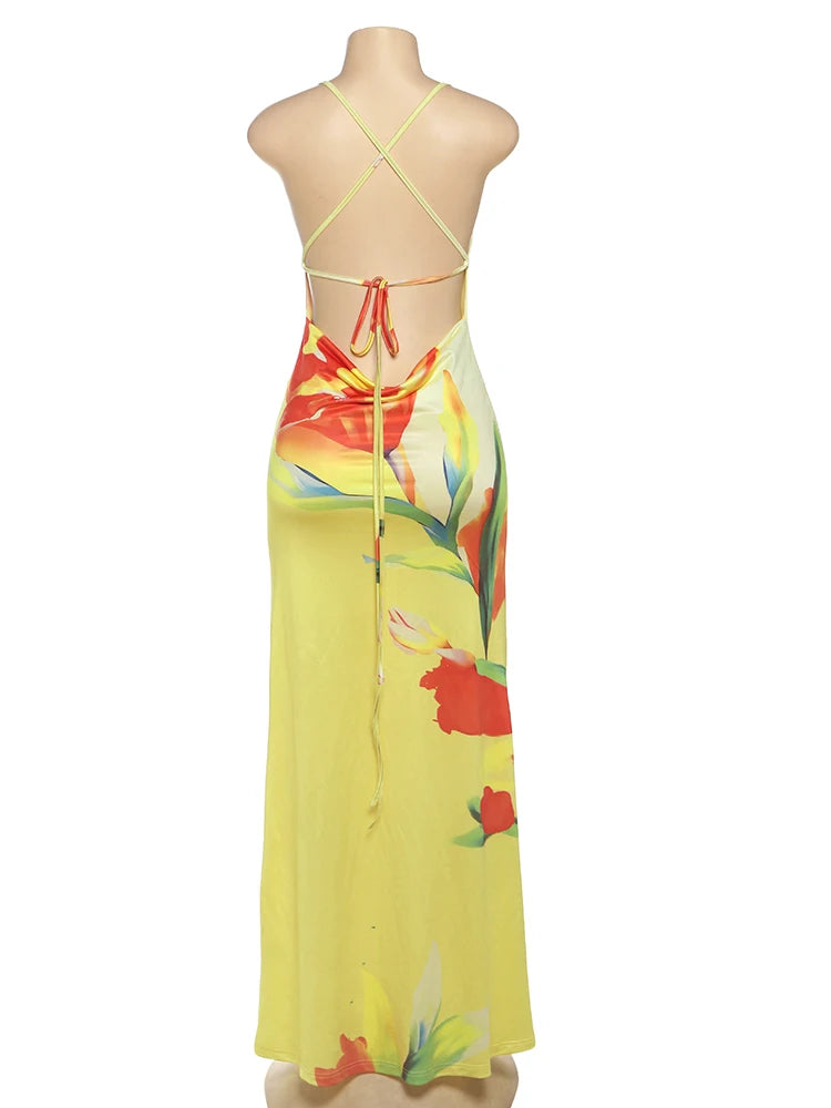 Weird Puss Floral Print Sexy Lace-Up Backless Dress Women Ruched Swing Collar Sleeveless Robe Vacation Trend Beach Party Outfits