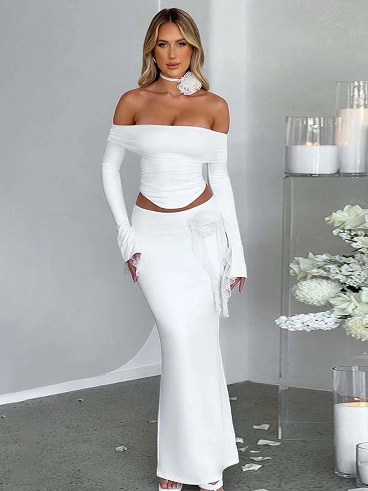 Dulzura Matching Suit Neck Accessories 3D Flower Off Shoulder Long Trumpet Sleeves Crop Top Tassel Maxi Skirt 2024 Autumn Women