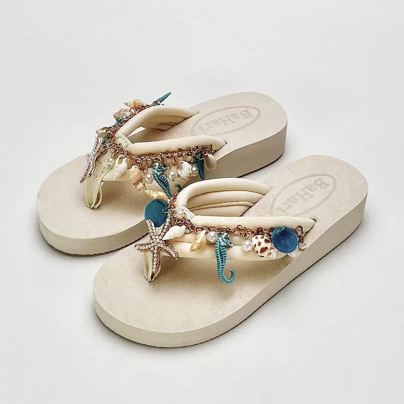 Women's Summer Bohemian Seaside Vacation Slippers Outside Pinch Beach Shoes Fashion Platform Slippers Flip-flops