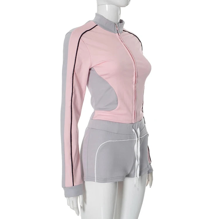 STYLISH LADY Contrast Color Sporty 2 Piece Set Women Long Sleeve Zipper Crop Top and Drawstring Short Suits 2025 Workout Outfits