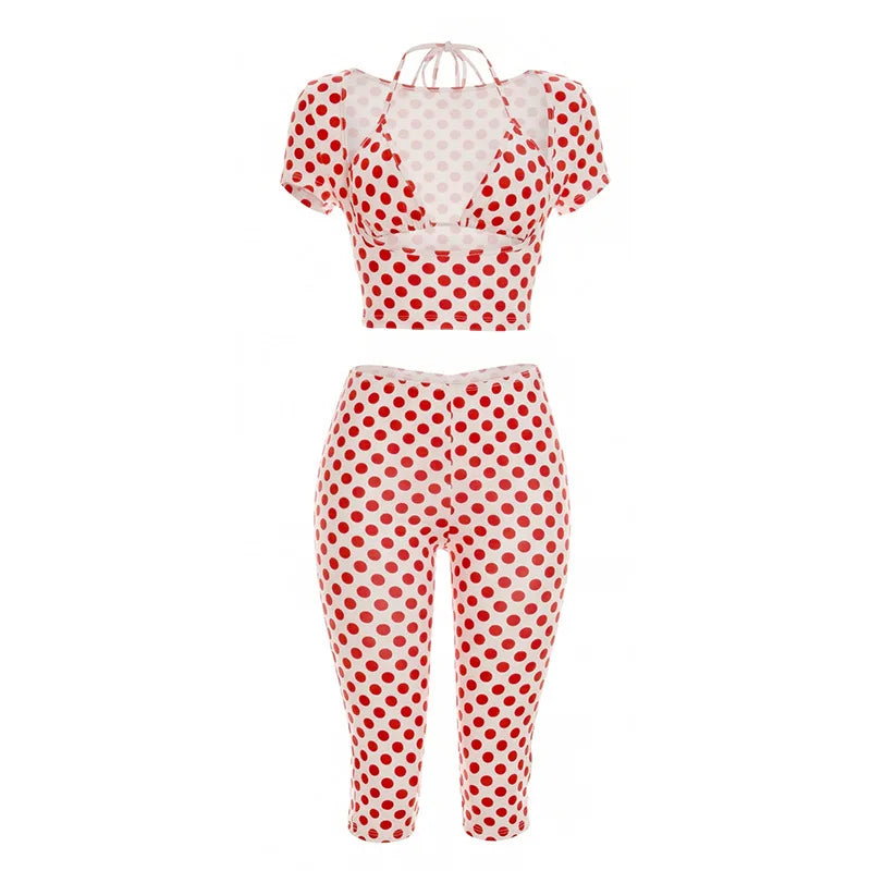 Sexy Polka Dot Summer Sets Women Halter Short Sleeve Bodycon Elegant 3 Piece Sets For Woman Outfit