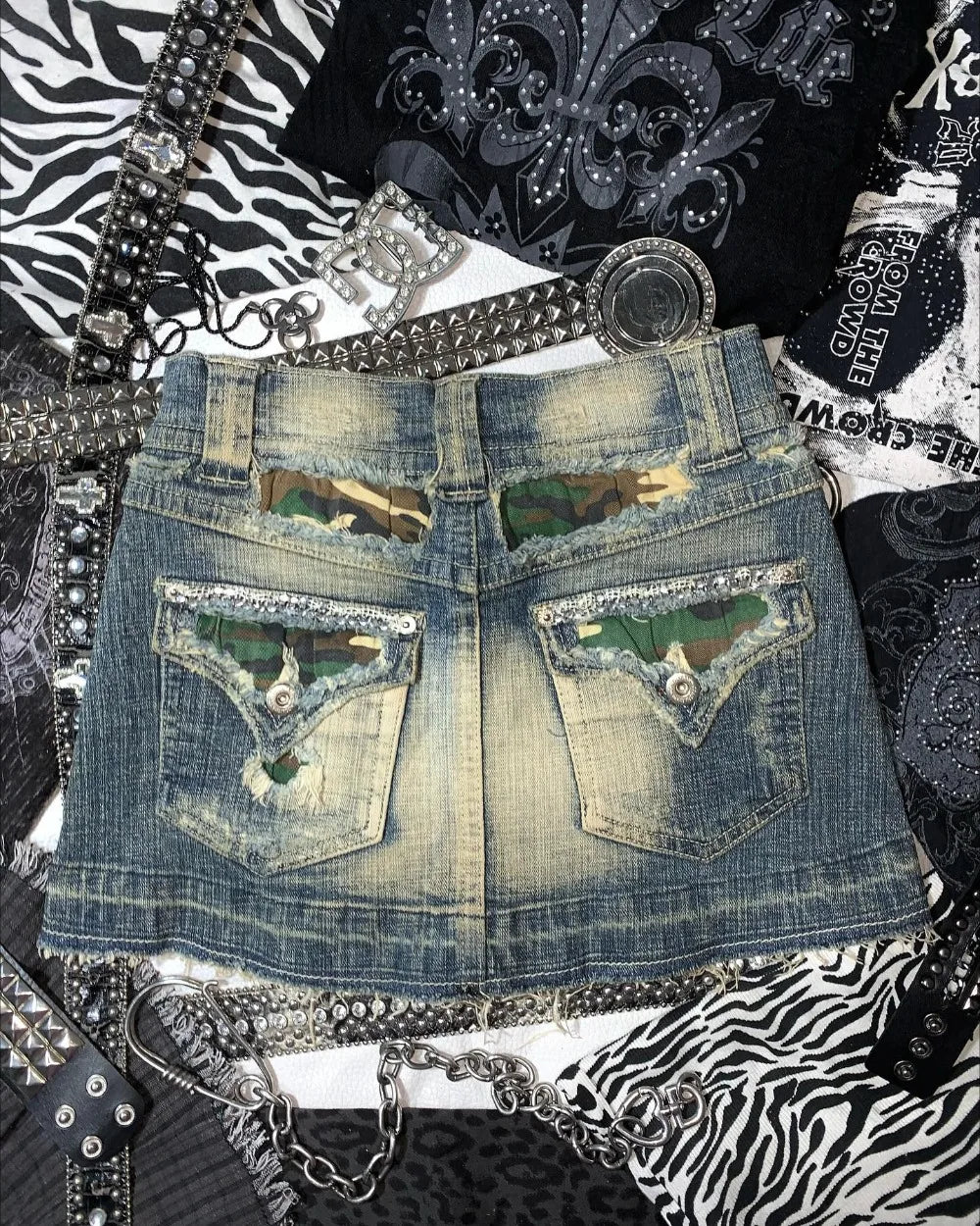 Y2k Retro Washed Camouflage Pattern Mini Skirt with High Waist and Hip Wrapped A Line Pleated Skirt Fashion Gothic jeans Skirts