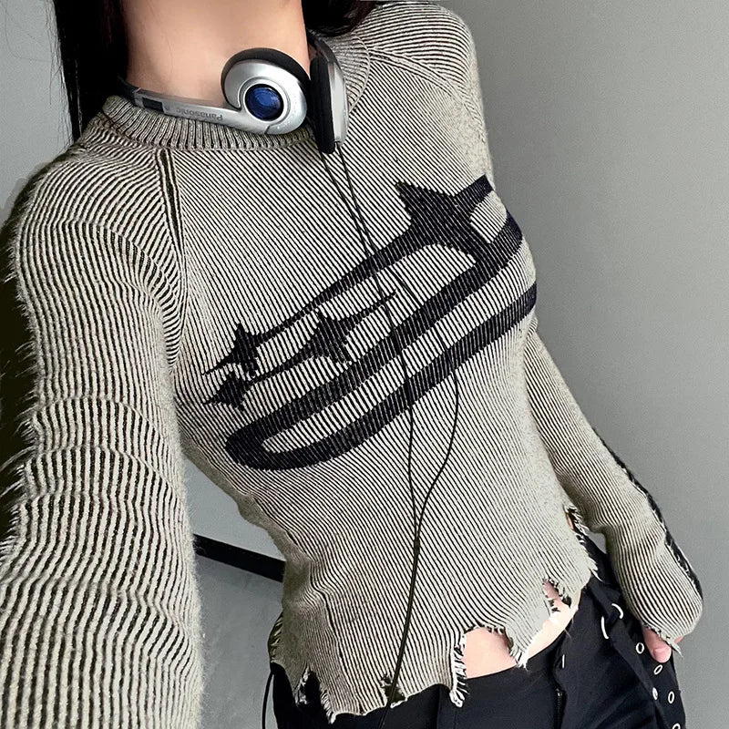 HLJ&GG American Vintage Style Women Knitting Print Long Sleeve Slim Top And Mini Pleated Skirts Outfits Fashion Y2K 2pcs Clothes