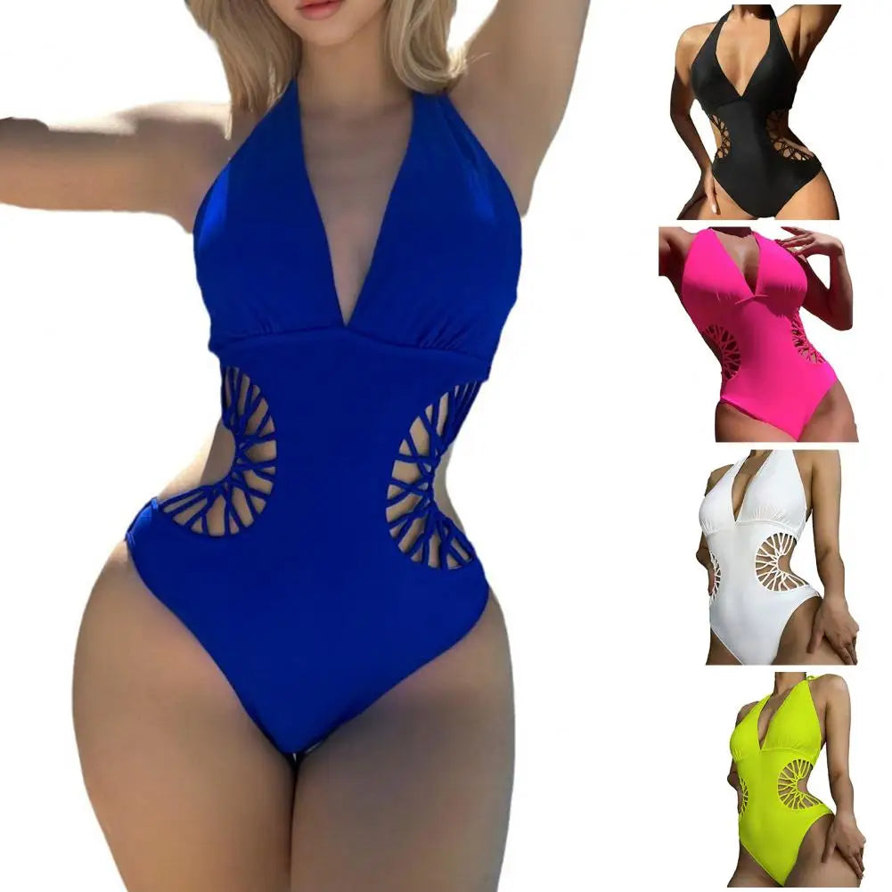 Summer Women Monokini Solid Color Hollow Out See-through Deep V Neck Lady Swimsuit Elastic High Waist Padded Bathing Suit