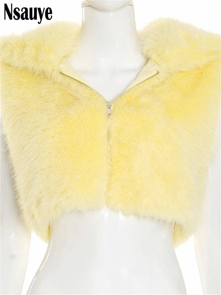 Nsauye Fashion Faux Fur Women Sleeveless Hooded Jackets 2025 Autumn Winter Warm Cardigan Tops Streetwear Slim Outerwear Coat
