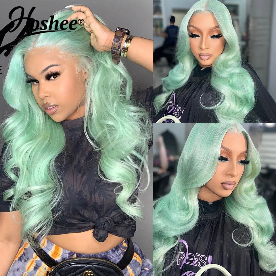 Mint Green Straight Lace Front Human Hair Wigs For Women Lake Blue Colored Human Hair Wigs 13x4 Lace Frontal Wig Pre-Plucked