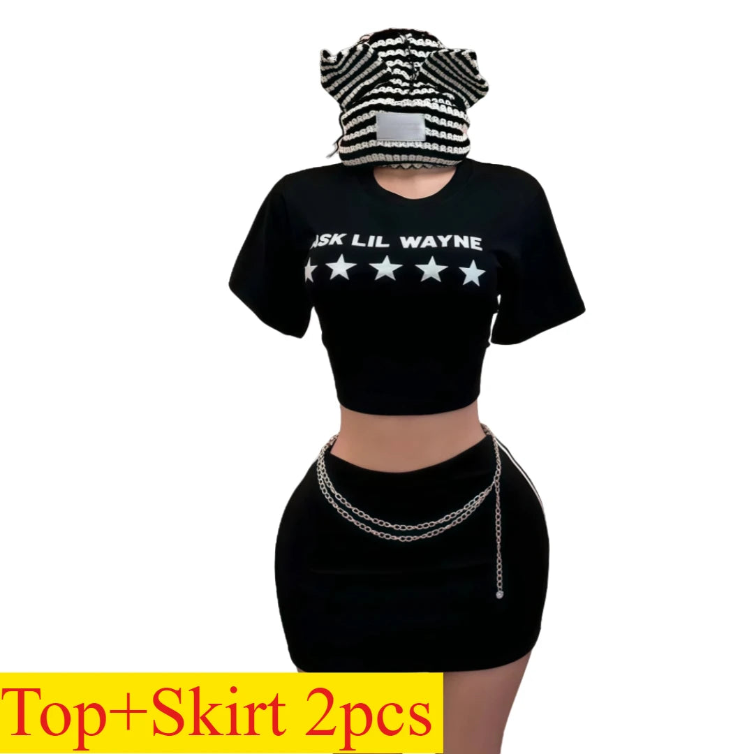 FAGADOER Sexy Women 2 Piece Set Outfit Letter Print Crop Tops + Bodycon Mini Skirts Suit Hot Girl Streetwear Clothing Spring New