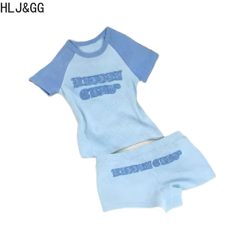 HLJ&GG Fashion Letter Y2K Shorts Two Piece Sets Women Round Neck Slim Crop Top And Shorts Outfits Summer New Hot Girl Streetwear