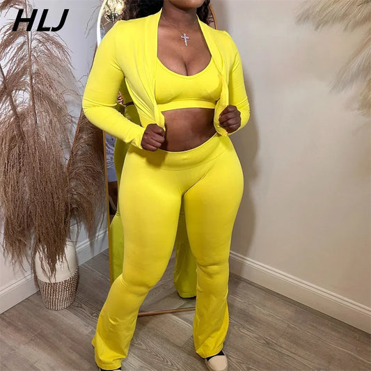 HLJ&GG Casual Solid Bodycon 3 Piece Sets Outfit Women Slim Crop Tops + High Waist Flare Pants Long Sleeves Coats Tracksuits 2024