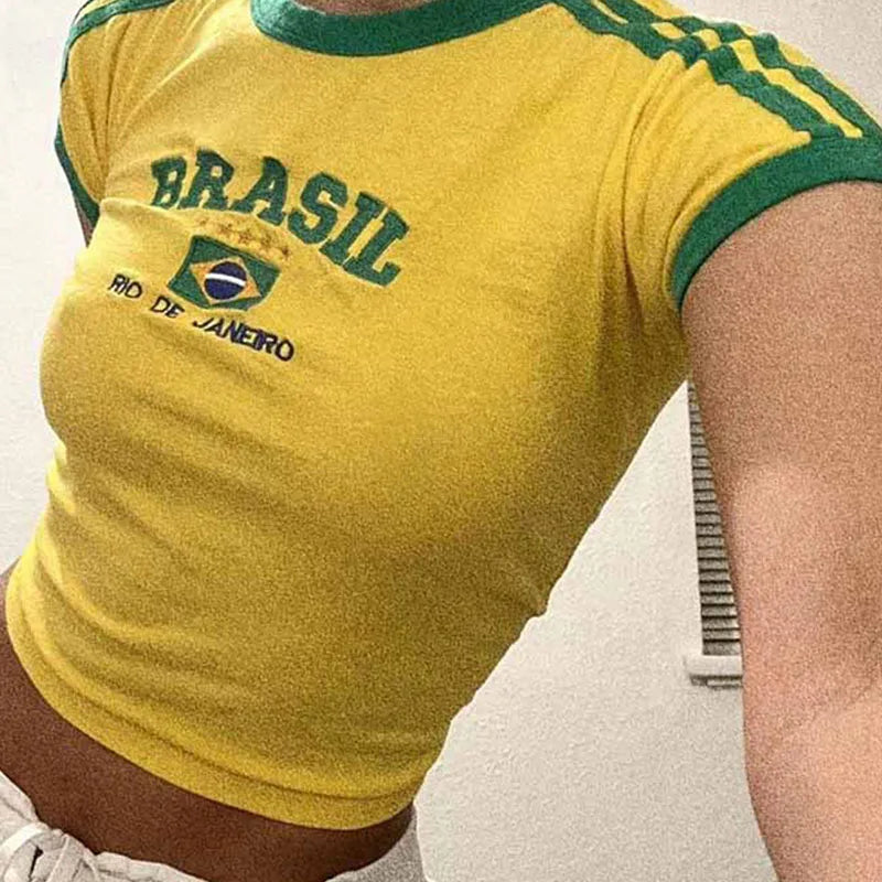 Aesthetic BRASIL Letter Print T-Shirt and Shorts Suit, Vintage Grunge Short Sleeve Baby Tees, Summer Crop Top Y2k Clothe