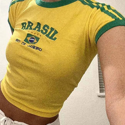 Aesthetic BRASIL Letter Print T-Shirt and Shorts Suit, Vintage Grunge  Short Sleeve Baby Tees, Summer Crop Top Y2k Clothe