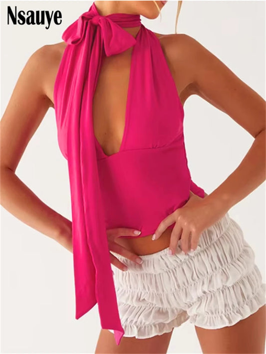 Nsauye Women Casual Clothes Halter Mini Skinny Low Cut Out Vest Tank Tops 2025 Summer Fashion Sexy Club Sleeveless Y2K Crop Tops