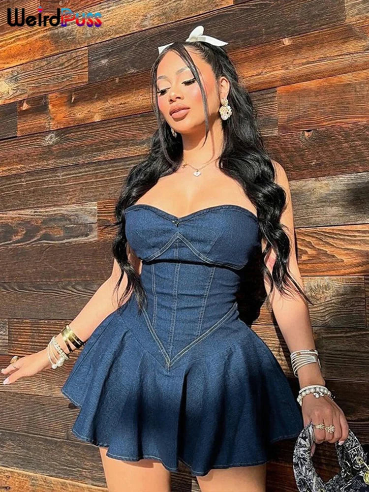 Weird Puss Fake jeans Strapless Sexy Dress Women Summer Trend Skinny Hipster Fashion Concert Birthday Party Clubwear Y2K Bodycon