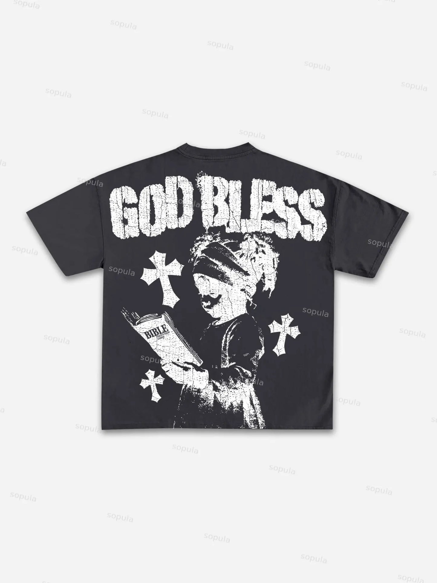 God Bless Children's Prayer Graphic Cotton T-shirt unisex high-quality top vintage t shirt