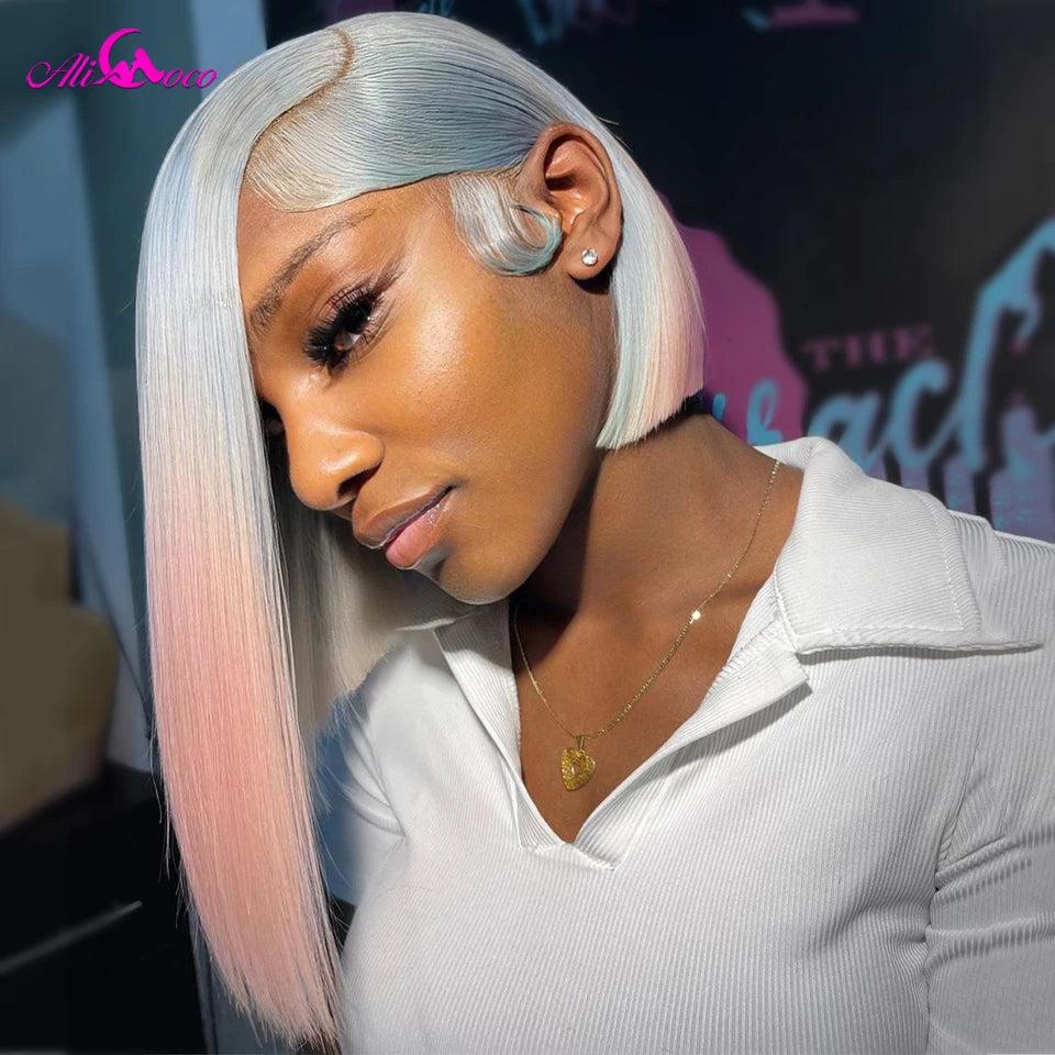 #T Grey Blue Purple Pink Colored Wigs Short Bob Wig 13x4 Lace Frontal Human Hair Wigs For Women Bob Brazilian Frontal Wigs