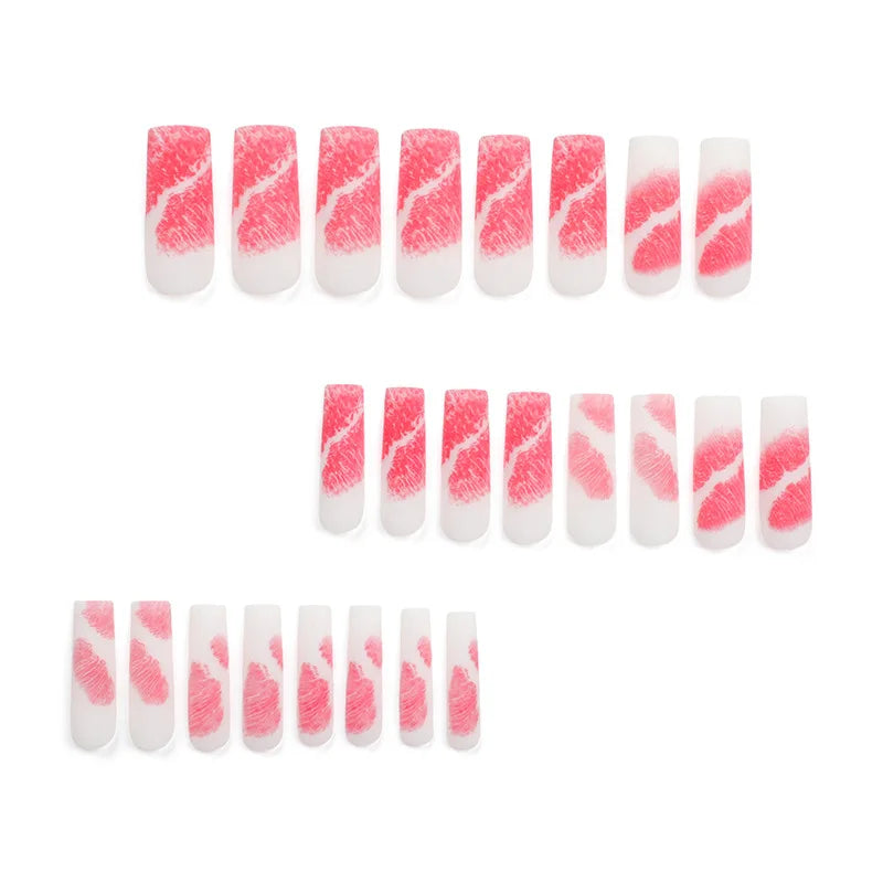 24pcs Long Batte False Nail Pink Lips Love Design Women Fake Nails Sweet Style Press on Nail Tips Valentine's Day Nail Supplies