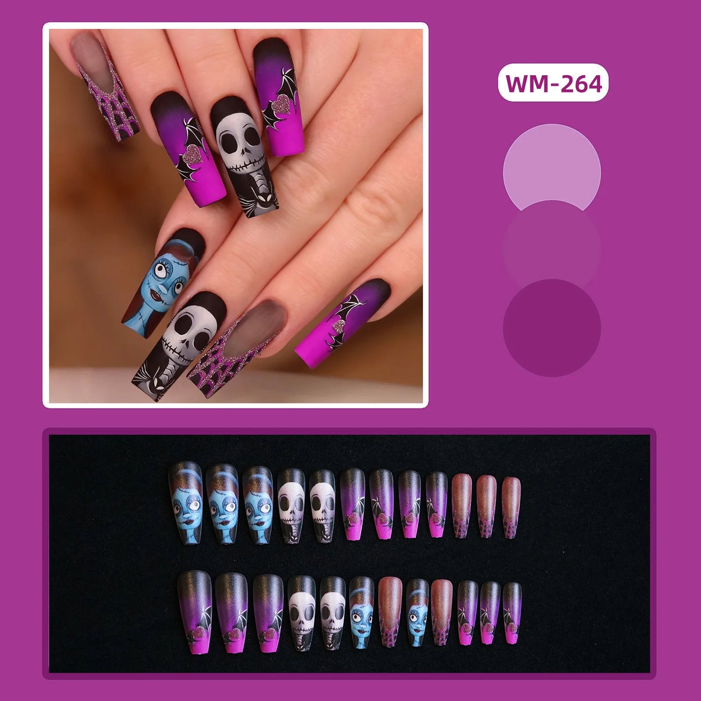 24pcs Halloween False Nails Ghost Witch Pumpkin Print Fake Nails Tips Wearable Detachable European Long Ballet Press on Nails