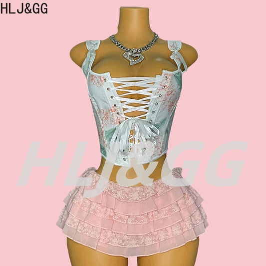 HLJ&GG Y2K Sexy Print Bandage Slim Vest Two Piece Sets Women Sleeveless Backless Crop Top And Ruffle Mini Skirts Outfits Fashion