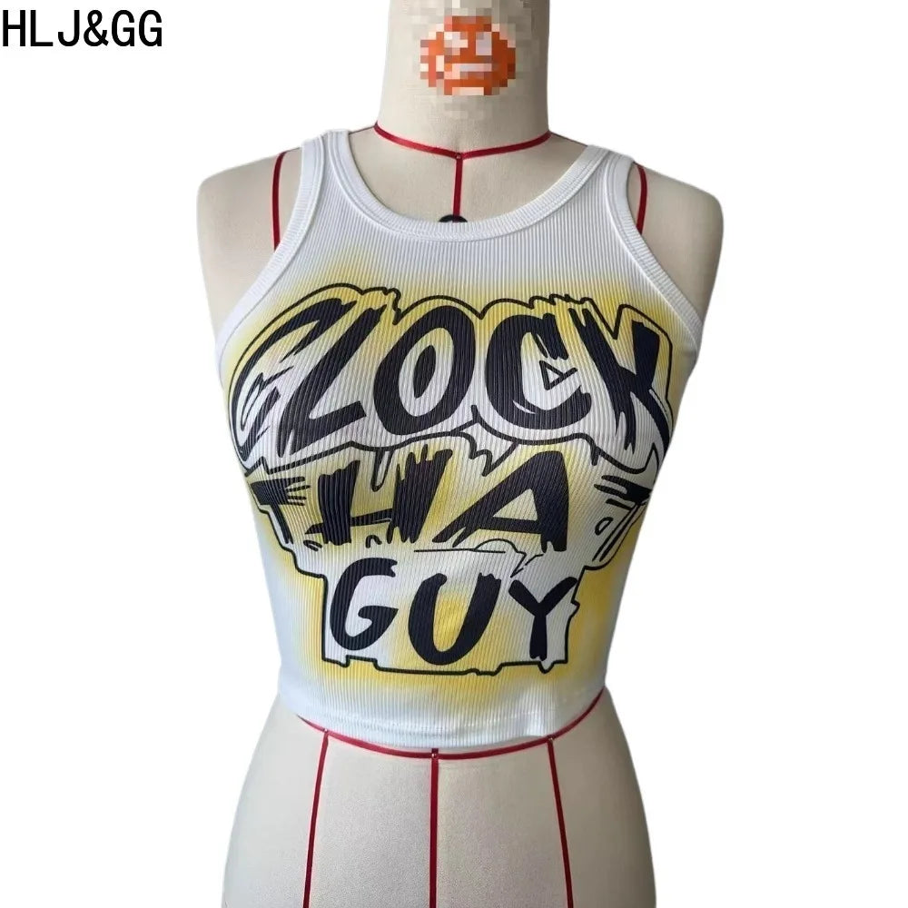 HLJ&GG Y2K Sexy Letter Print Slim Tank Top Women Round Neck Sleeveless Crop Tops Fashion Summer New Trend Clothing Streetwear