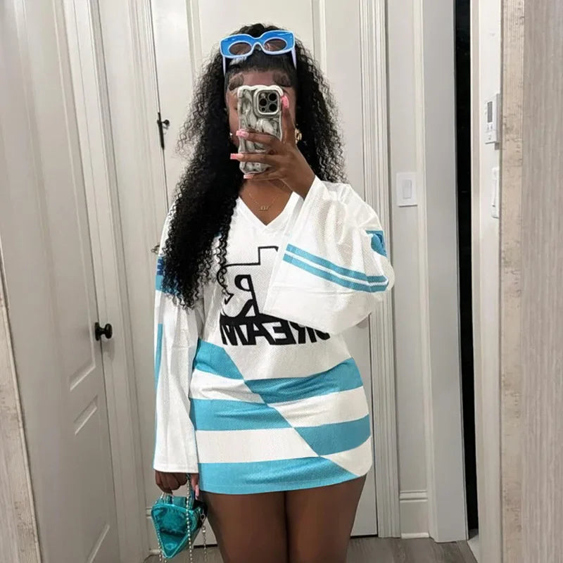 HLJ&GG Y2K Letter Print Mesh Two Piece Sets For Women V Neck Long Sleeve Top + Puffy Mini Skirts Outfits Fashion 2pcs Streetwear