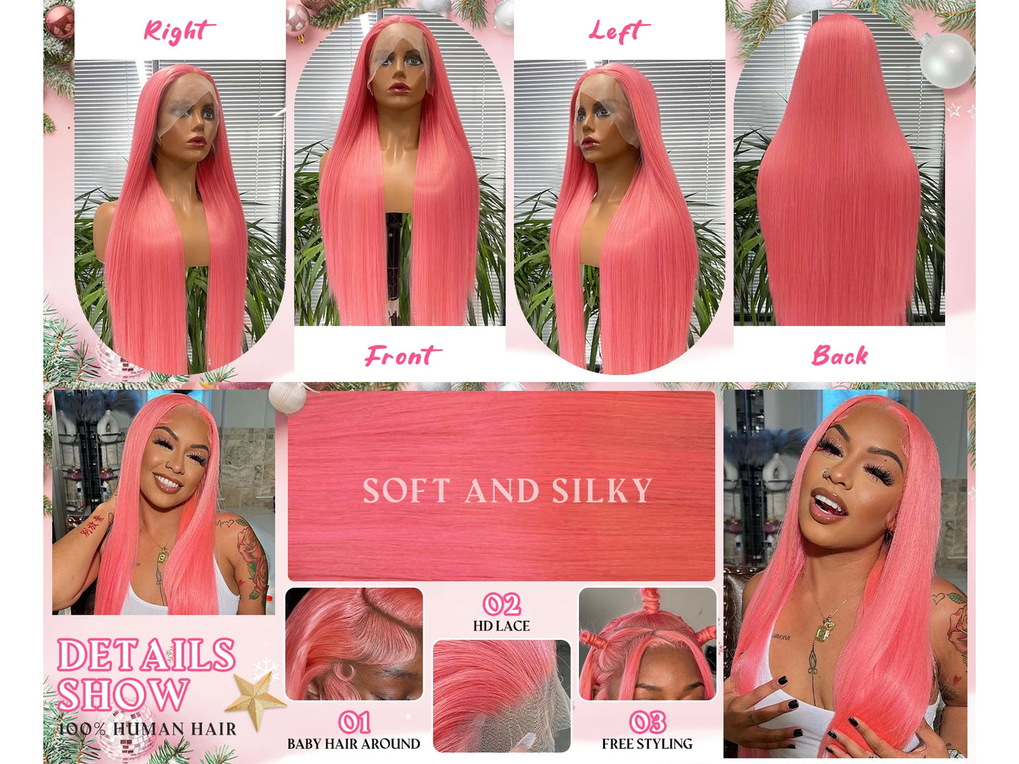 36 Inch Light Pink Human Hair Pre Plucked 13x4 HD Transparent Lace Front Wigs 100% Brazilian Straight Human Hair Wig For Women