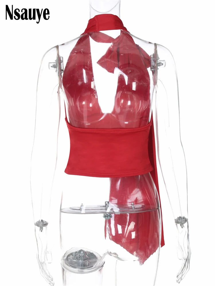 Nsauye Women Casual Clothes Halter Mini Skinny Low Cut Out Vest Tank Tops 2025 Summer Fashion Sexy Club Sleeveless Y2K Crop Tops