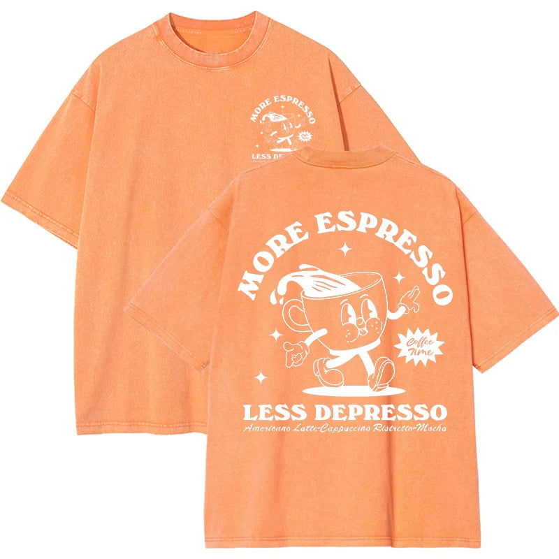 More Espresso Less Depresso Letter Cup Drink Print Washed Womens Tee Shirt Cotton T-Shirts New Breathable Clothes All-Match Top