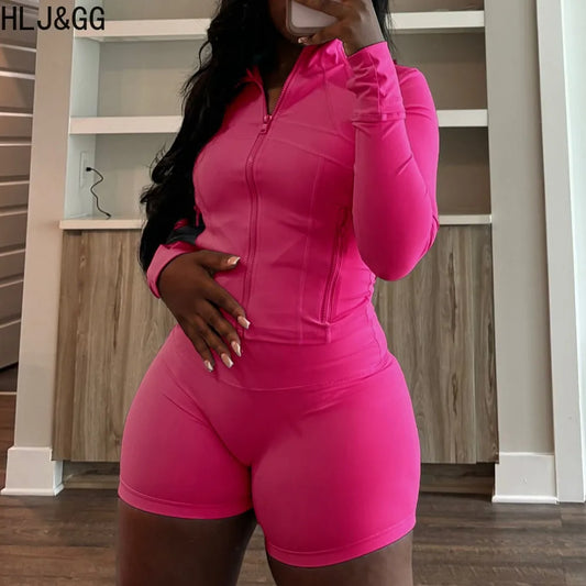 HLJ&GG Casual Sporty Skinny Shorts Two Piece Sets Women Zip Long Sleeve Slim Top + Shorts Outfits Summer New Stretchy Tracksuits