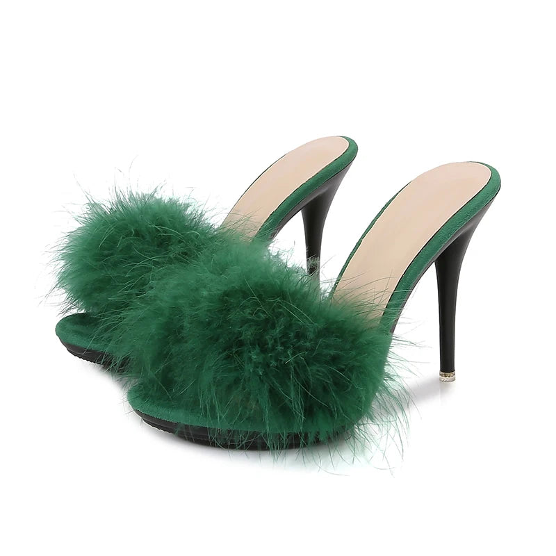 10CM Thin High Heel Designer Plus Size Summer Slippers For Ladies 2025 New Furry Slip-on Women's Shoes Pink Fur Slides Sandals