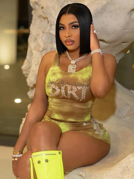 Weird Puss Rhinestones Letter 2 Piece Set Women Tracksuit Casual Ribbed Tank Tops+Bike Shorts Matching Skinny Street Outfits