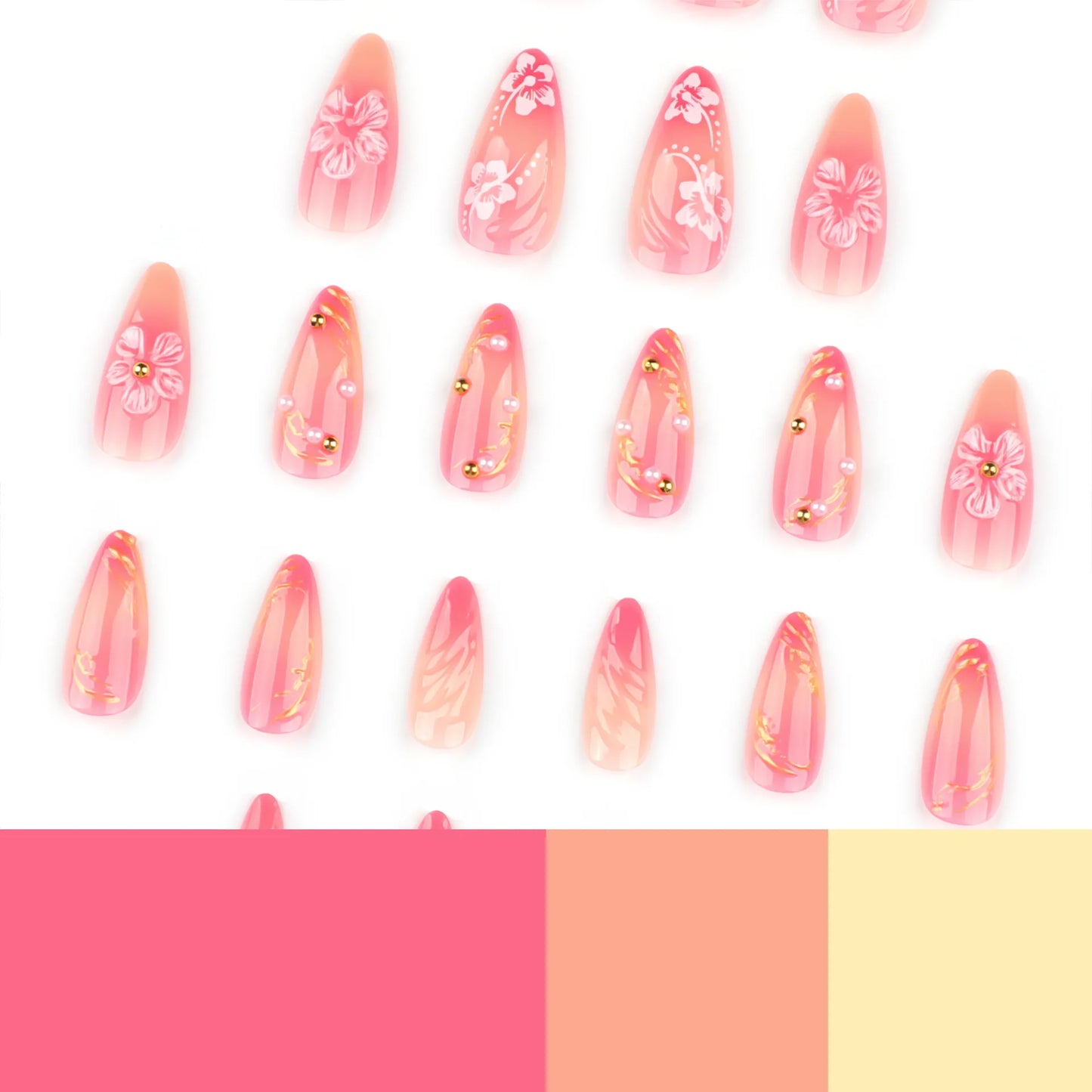 24pcs Flower Pattern Fake Nail Korean Sweet Pink Almond False Nail Tips for Lady Girl Wearable Detachable Simple Press on Nails
