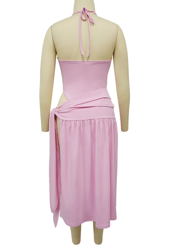 Kricesseen New Chic Solid Bodysuits Top And Tie Waist Ruched Skirt Set For Women Swimsuits Set Night Clubwear Vacation Outfits