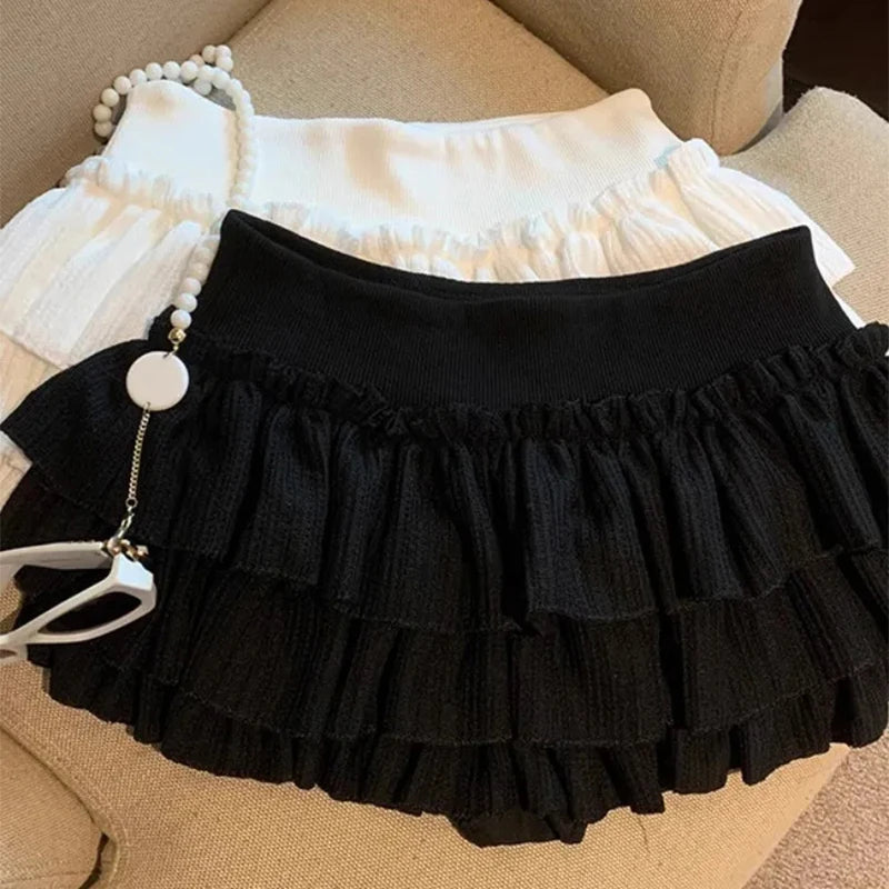 Sweet Puffy Cake Women Skirts Korean Fashion Ruched Ruffle Mini Skirt Campus Harajuku Casual Versatile Elastic Waist Solid Skirt