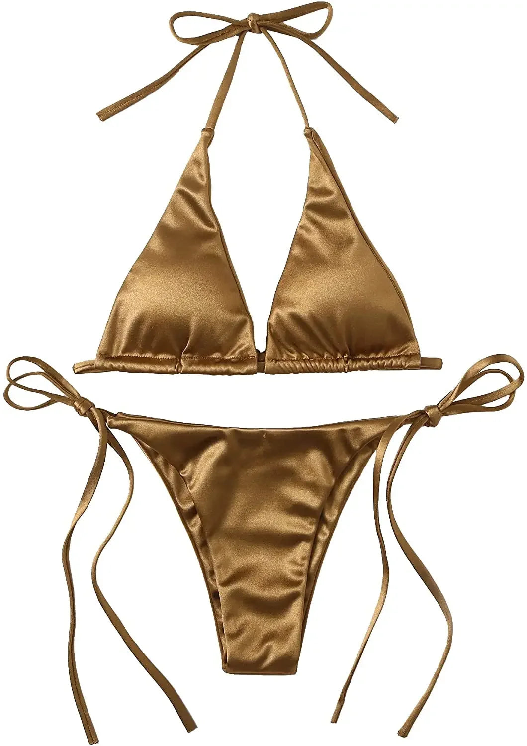 Halter Brazilian Metallic Satin Bikini Swimwear, Swimsuit Two-pieces Bikini Set High Cut Bathing Suit Swim Beachwear