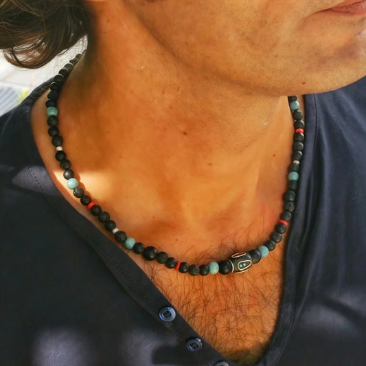 Bohemian Natural Stone Beads Necklace Retro Black Round Beads Necklace For Men Fashion Summer Jewelry Accessories