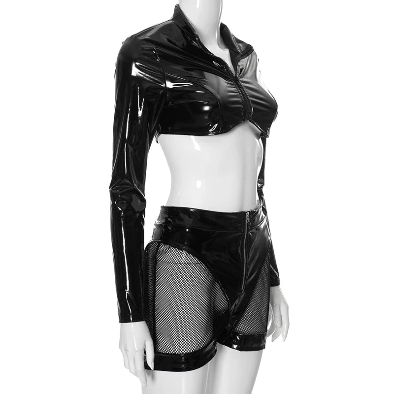 Weird Puss PU Patchwork Sexy 2 Piece Set Women Autumn Hipster Full Zip Crop Jacket+Shorts Matching Clubwear Midnight Outfits
