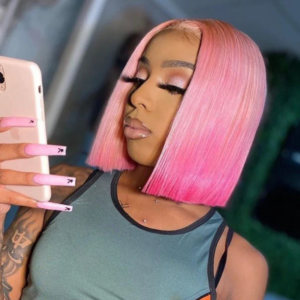 Straight Pink Ombre Short Bob Wig 13x4 Lace Front Human Hair Wigs Brazilian Remy 613 Colored Human Hair Wigs For Women 180%