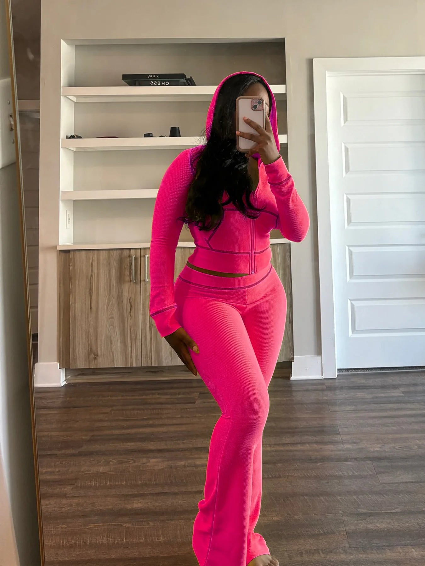HLJ&GG Spring New Waffle Flare Pants Two Piece Sets Women Zip Hooded Long Sleeve Top + Pants Outfits Casual Sporty 2pcs Clothing