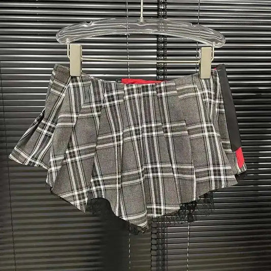 DEAT 2025 Summer New Patchwork Plaid Irregular Pleated Mini Skirt For Women Zipper Pockets Lace Design Skirts Female 29L7565