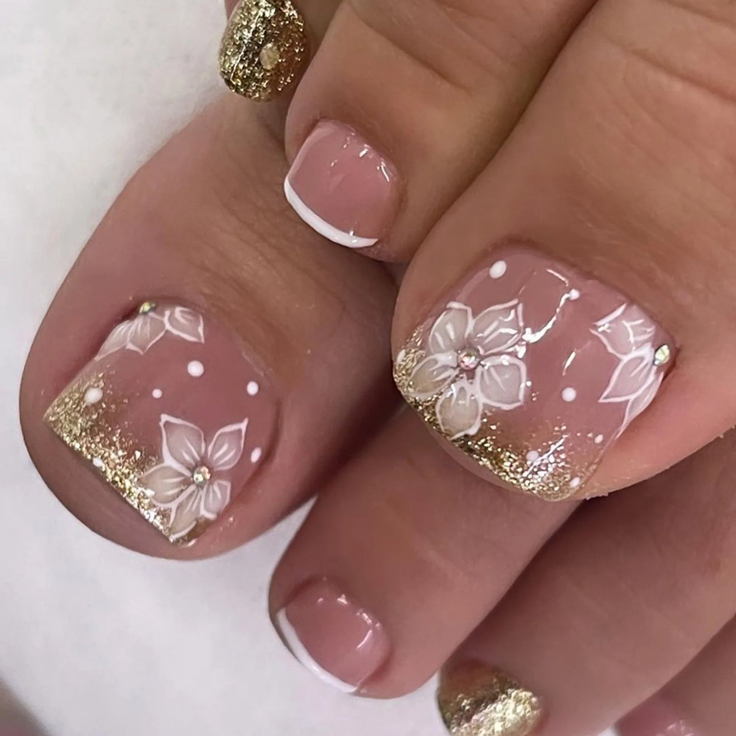 24pcs French False Toenails Glitter Diamond Decor Fake Toe nails Wearable Detachabe Ins Simple Summer Press on Nails for foot