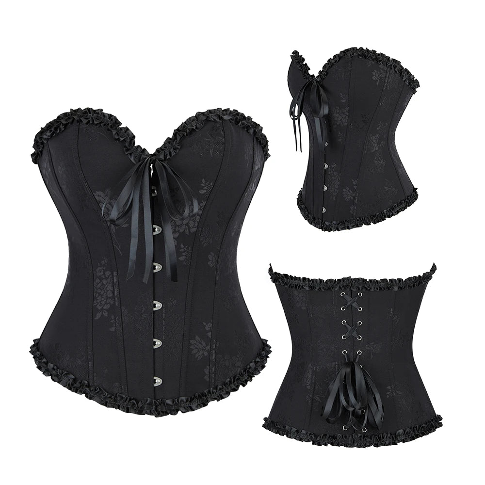 Women Floral Overbust Corset Waist Bustier Top Black White Red Blue Korset Shaper