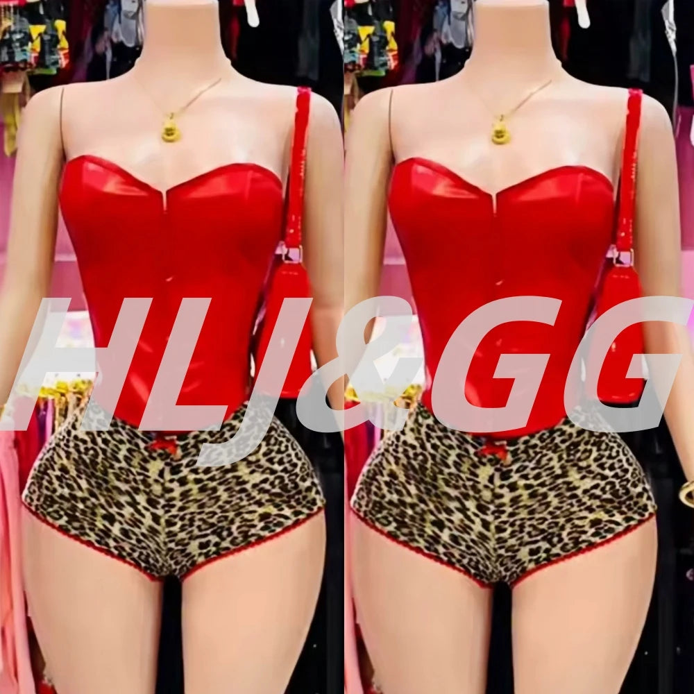 HLJ&GG Sexy Glossy Leather Corset Two Piece Sets Women Off Shoulder Slim Crop Top+Leopard Shorts Outfits Fashion Y2K Streetwear
