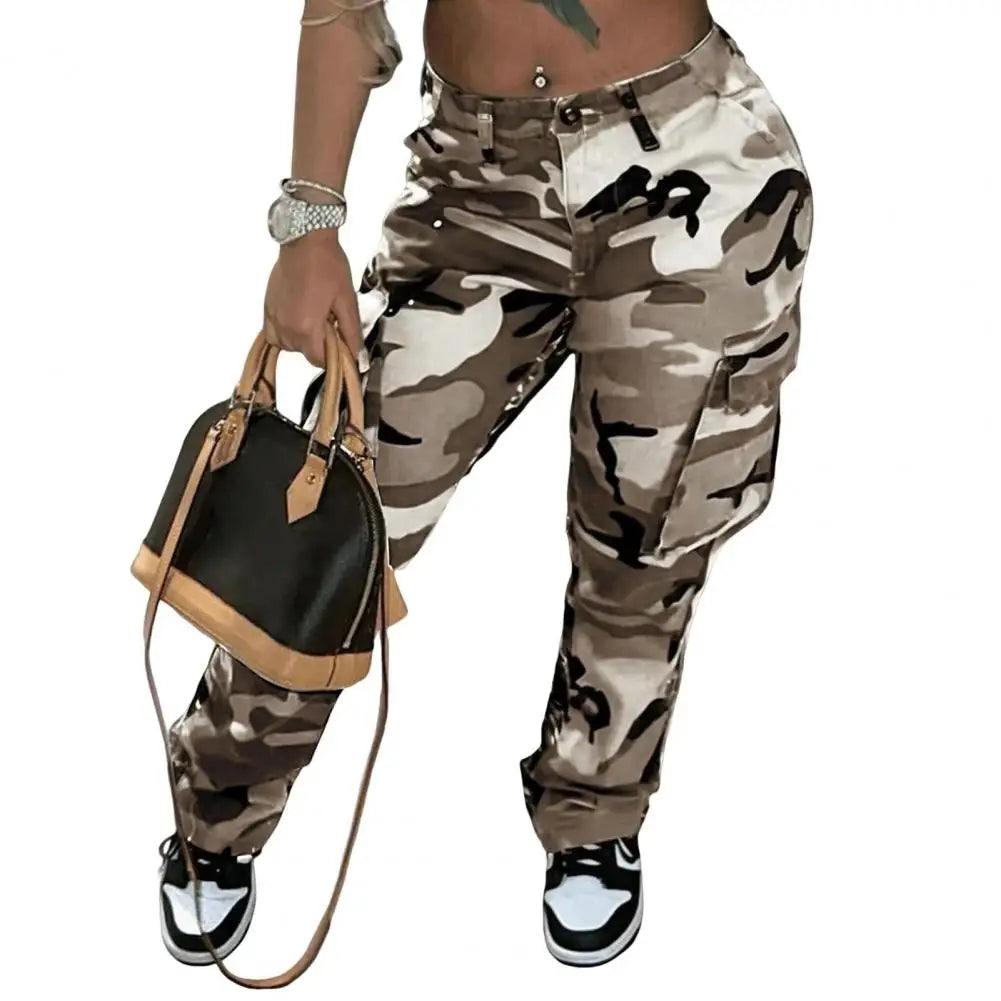 Women's Camo Print Cargo Pants High Waist Wide Leg Baggy Streetwear Casual Camouflage Military Trousers with Pockets