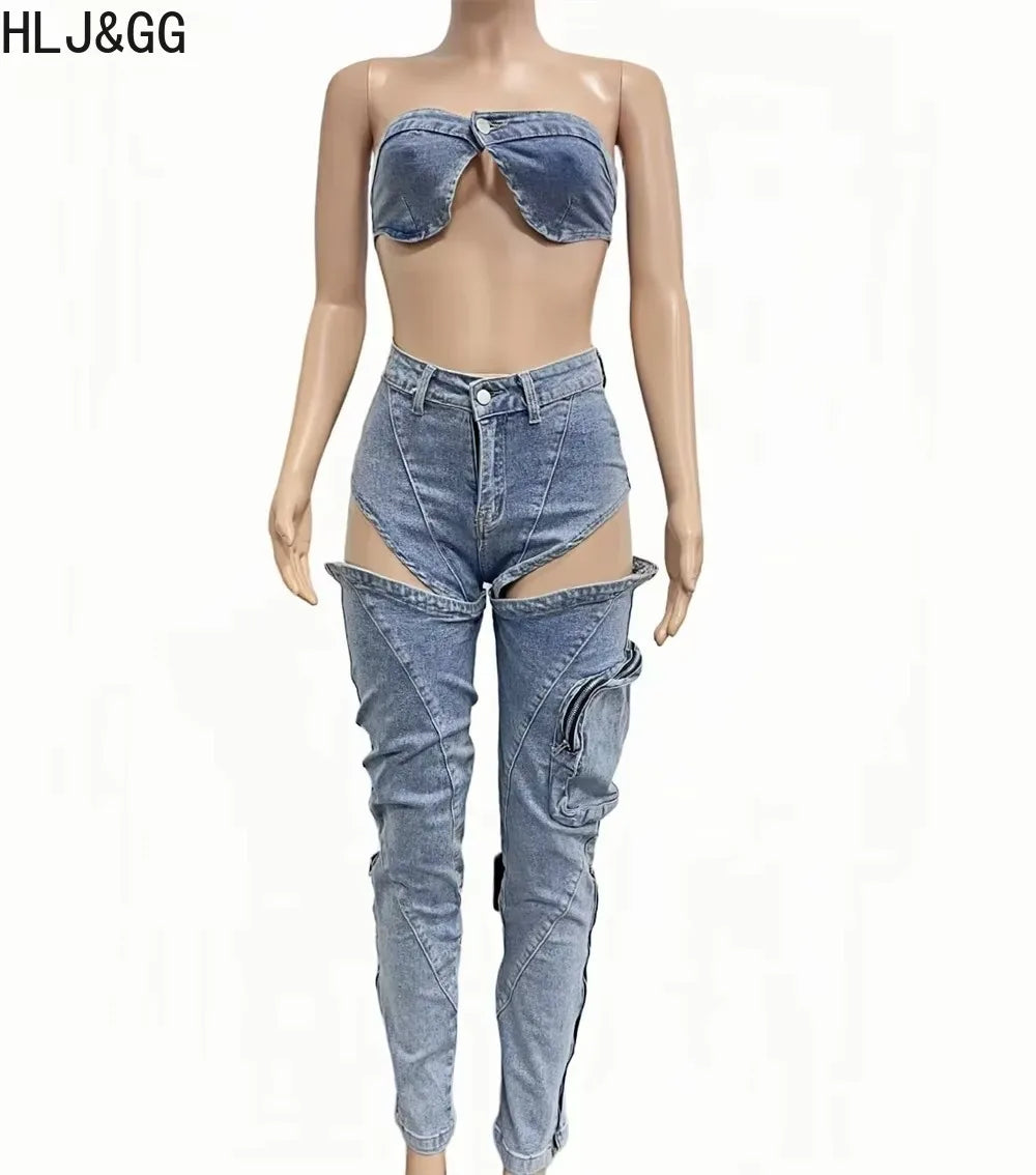 HLJ&GG Sexy jeans, Sleveless Hollow Out 2 Piece Sets Outfit Women Bikini Tops And Cargo Jean Pants Suits 2025 Cowboy Streetwear