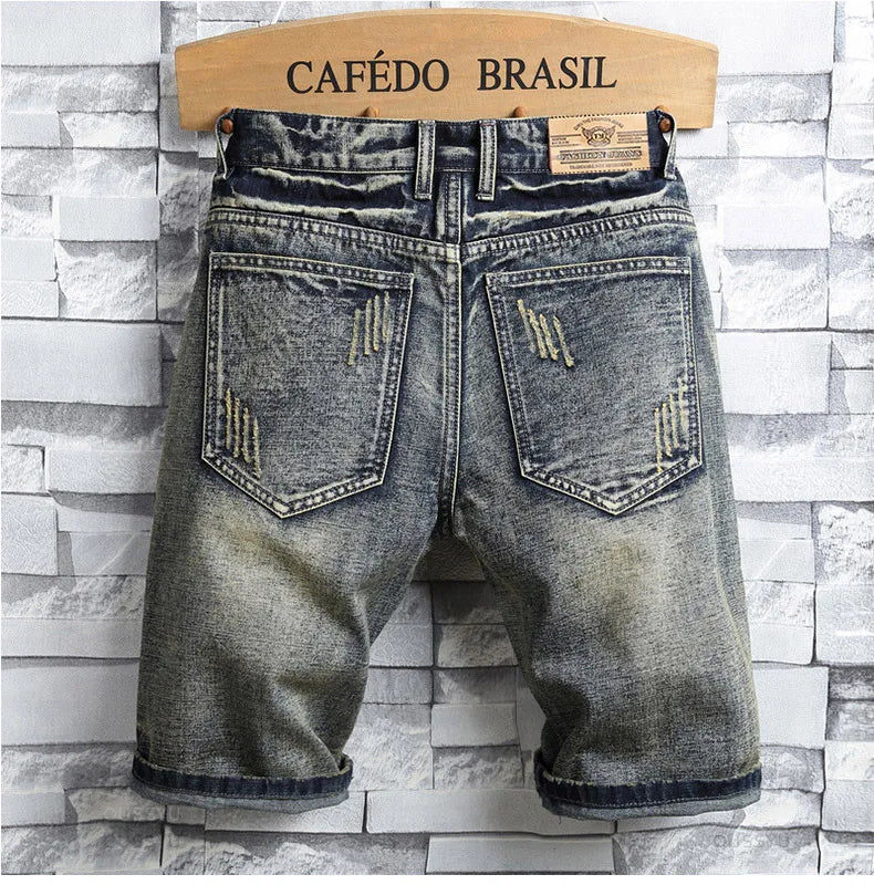 Brand Clothing New Summer Ripped Hole Denim Shorts Men Cotton Thin Straight Retro Biker Knee Length Short, Male Streetwear